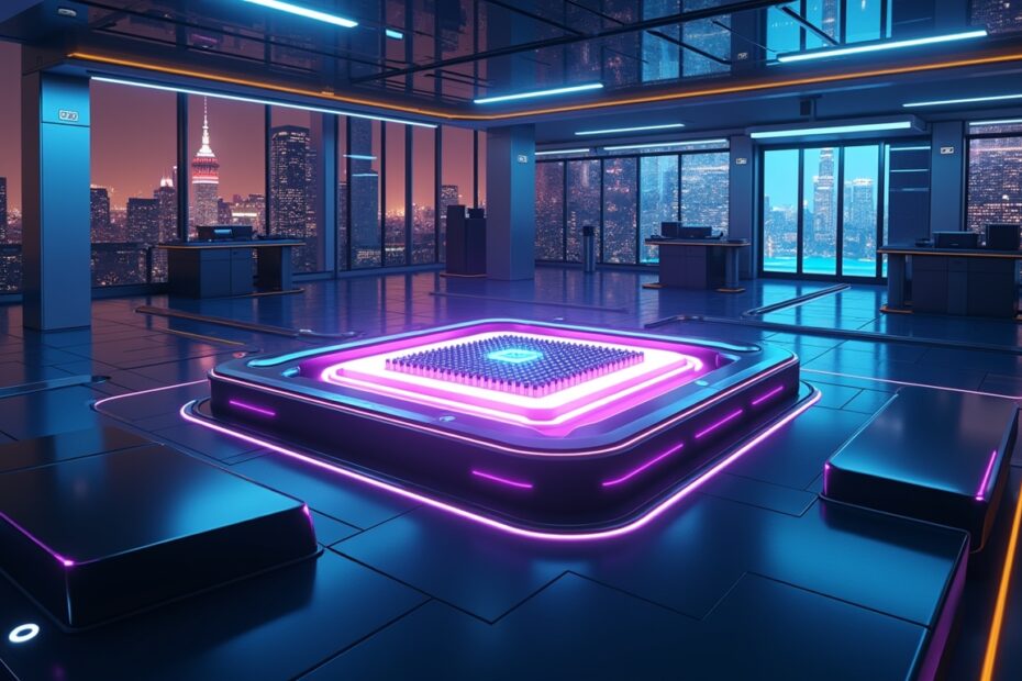 A glowing quantum chip in a futuristic London lab, surrounded by sleek AI monitors and robotics.