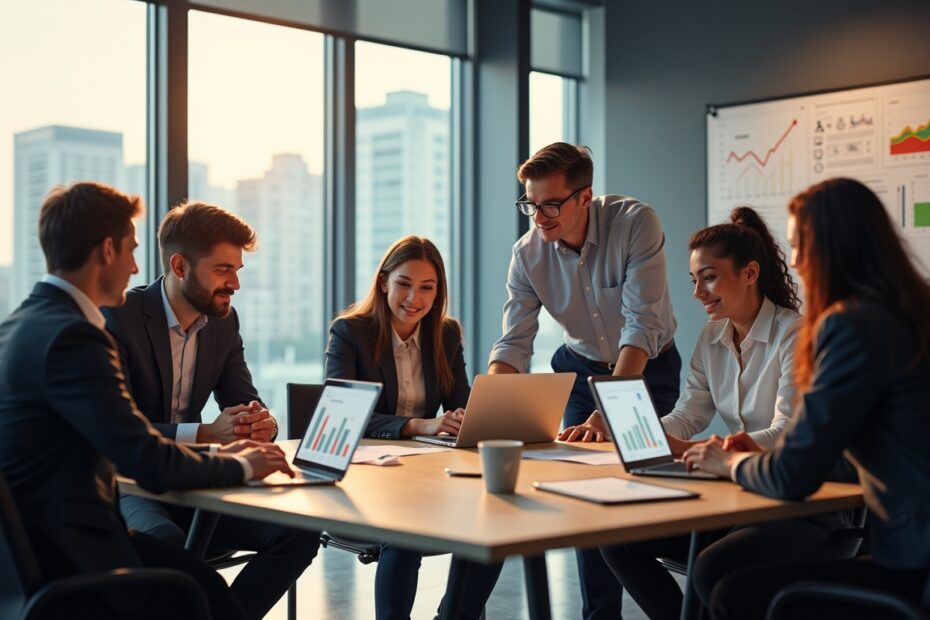 A team of marketers brainstorming in a high-tech office environment with laptops and creative tools.