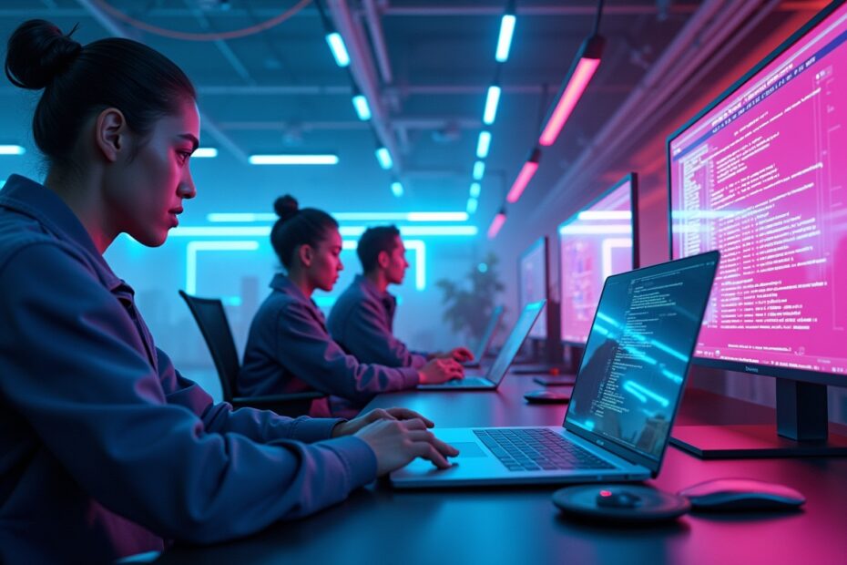 A futuristic coding workspace with holographic displays and a team collaborating under dynamic neon lighting.