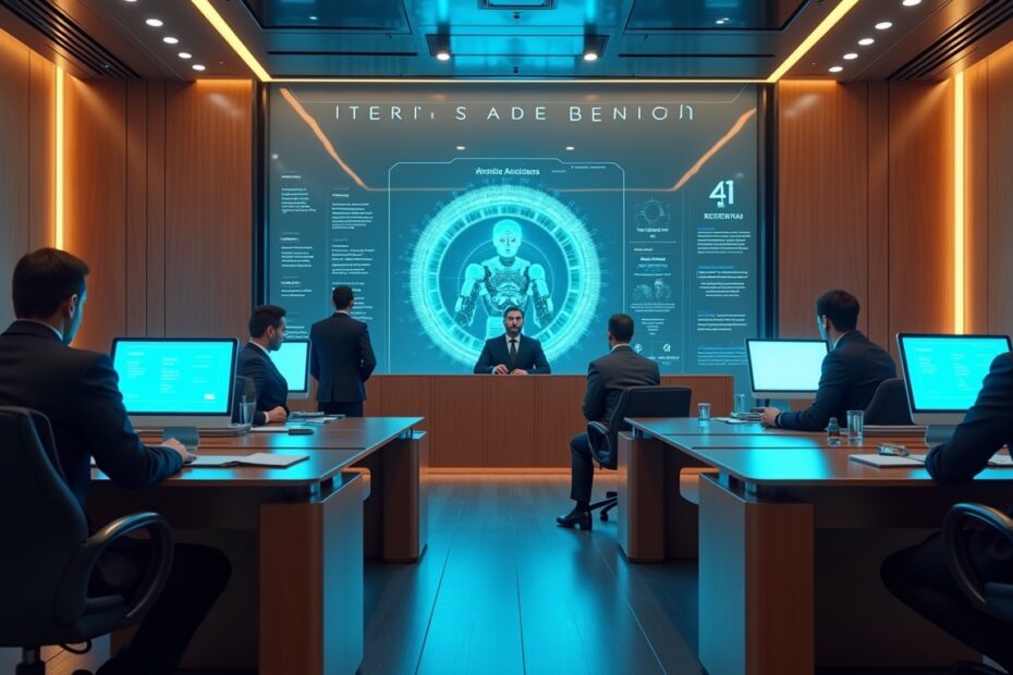 A high-tech courtroom featuring AI legal assistants interacting with lawyers.