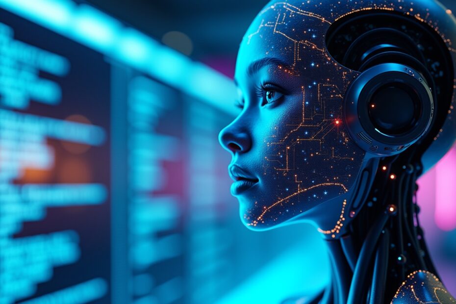 Futuristic humanoid AI assistant with digital circuits in a modern high-tech workspace.