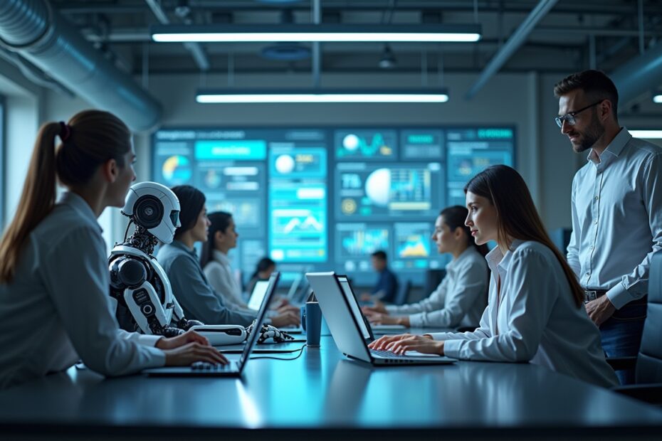 A futuristic workplace where AI assistants collaborate with professionals in a high-tech environment.