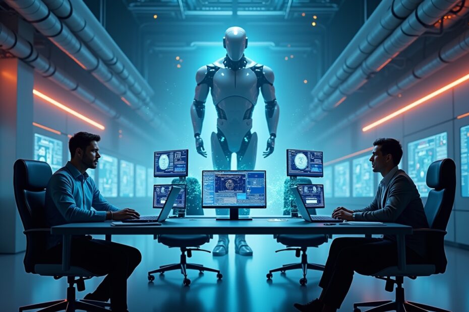 A futuristic workplace where humans and AI-powered robots collaborate, featuring holographic displays and a high-tech environment.