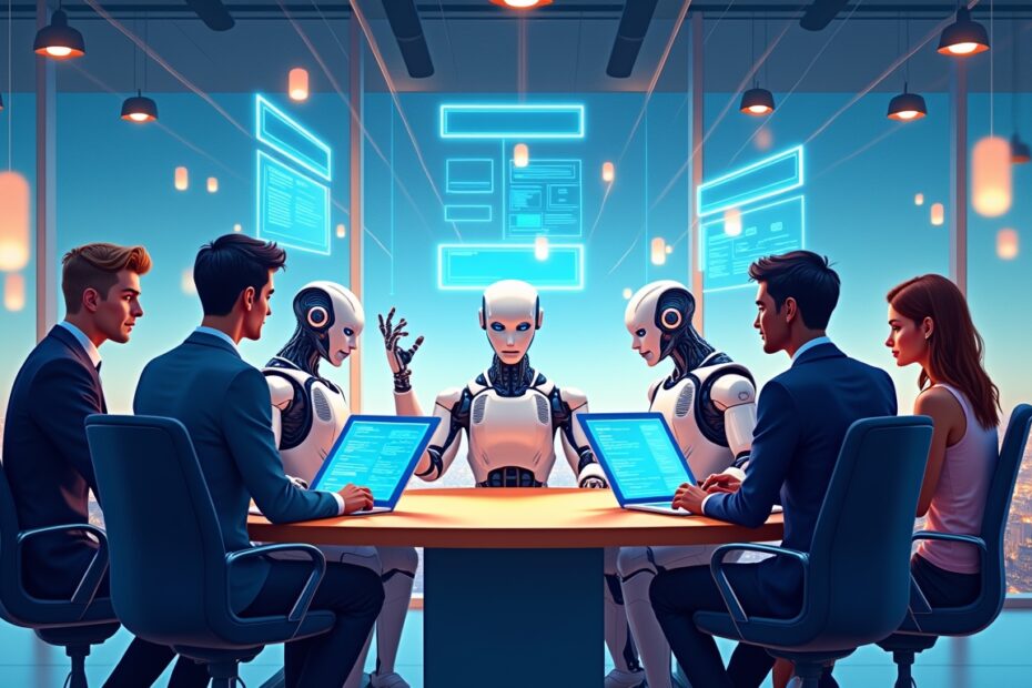 A futuristic office where AI-powered robots and human recruiters work together, reviewing job applications on holographic screens.