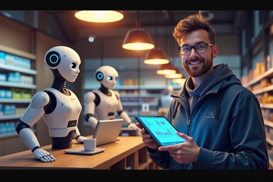 A small UK business owner using AI-powered technology in their shop, featuring robotic assistants and automated systems.