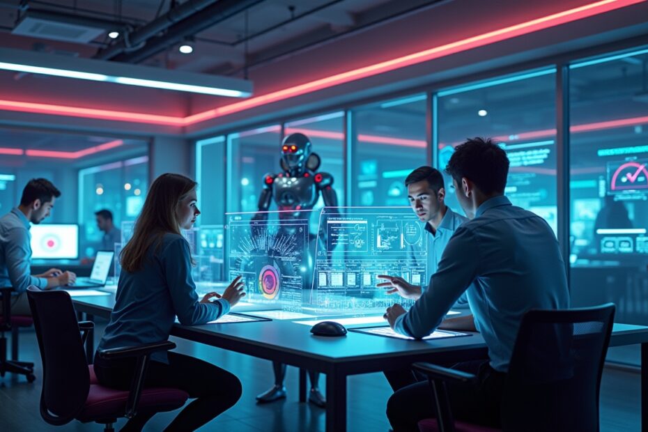 AI-powered futuristic workplace with interactive holograms and human collaboration.