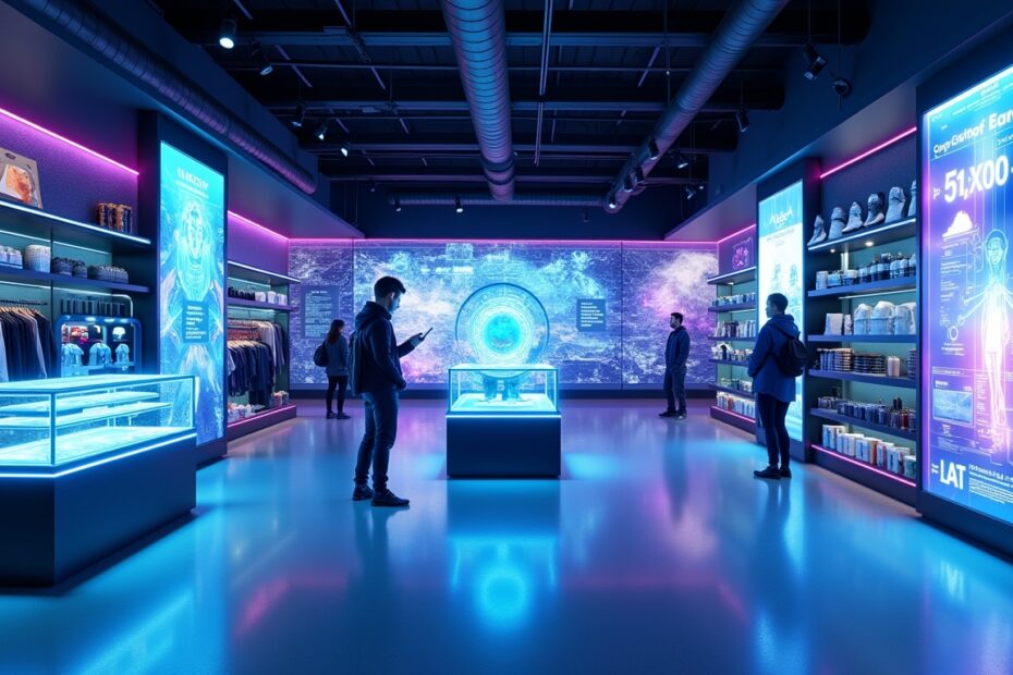 A high-tech retail store with AI-driven product search and holographic assistants.