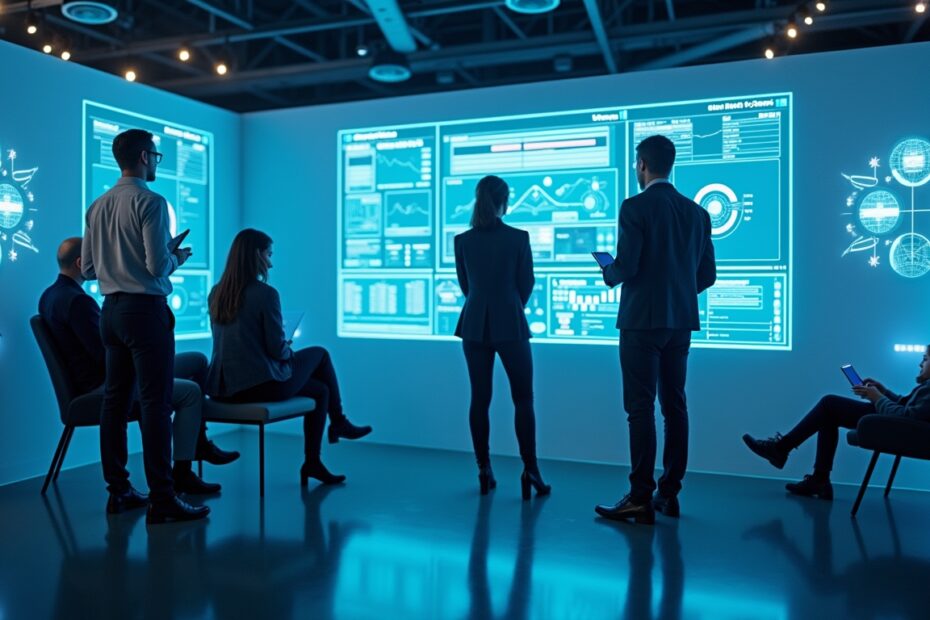 Futuristic research lab with AI-driven dashboards and user analytics.