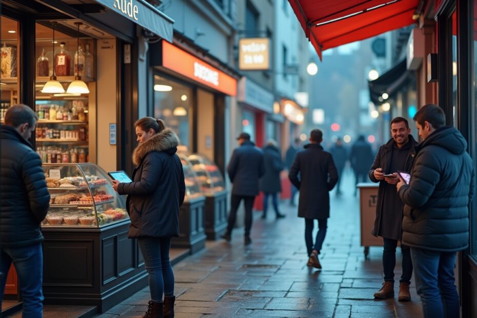 Illustration of small UK businesses using AI tools to enhance productivity and customer service.