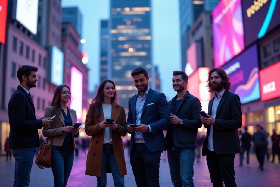 A diverse group of professionals using AI tools in a modern UK cityscape.