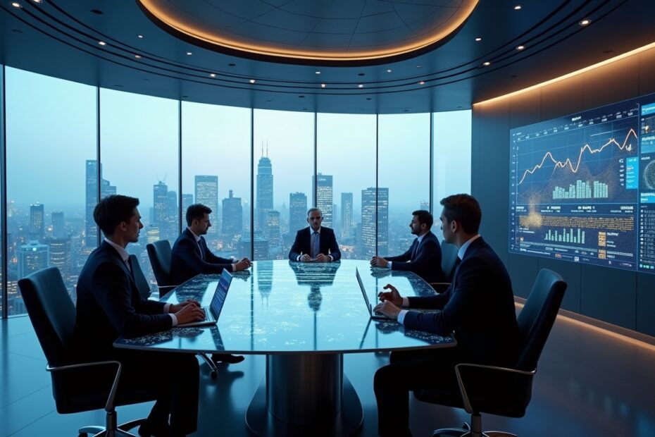 Executives discussing AI strategies in a futuristic boardroom overlooking a UK cityscape.