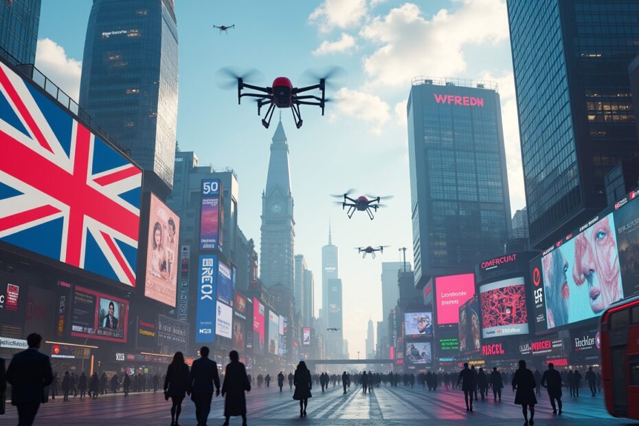 Futuristic London cityscape with digital billboards and drones.