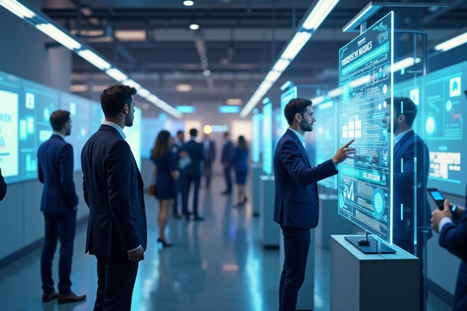 Futuristic job fair with diverse candidates using AI tech kiosks.