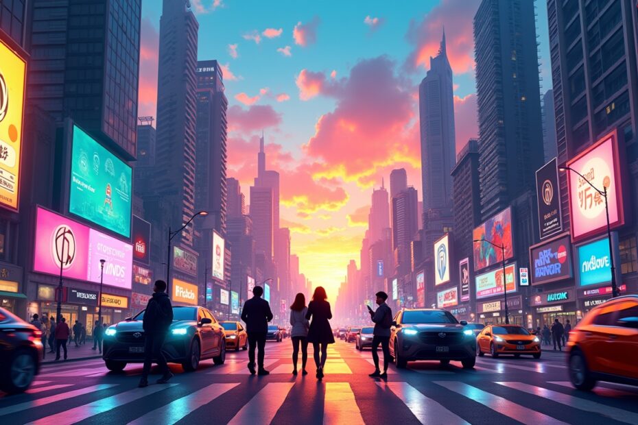 Futuristic cityscape with digital billboards and autonomous vehicles symbolizing AI integration.