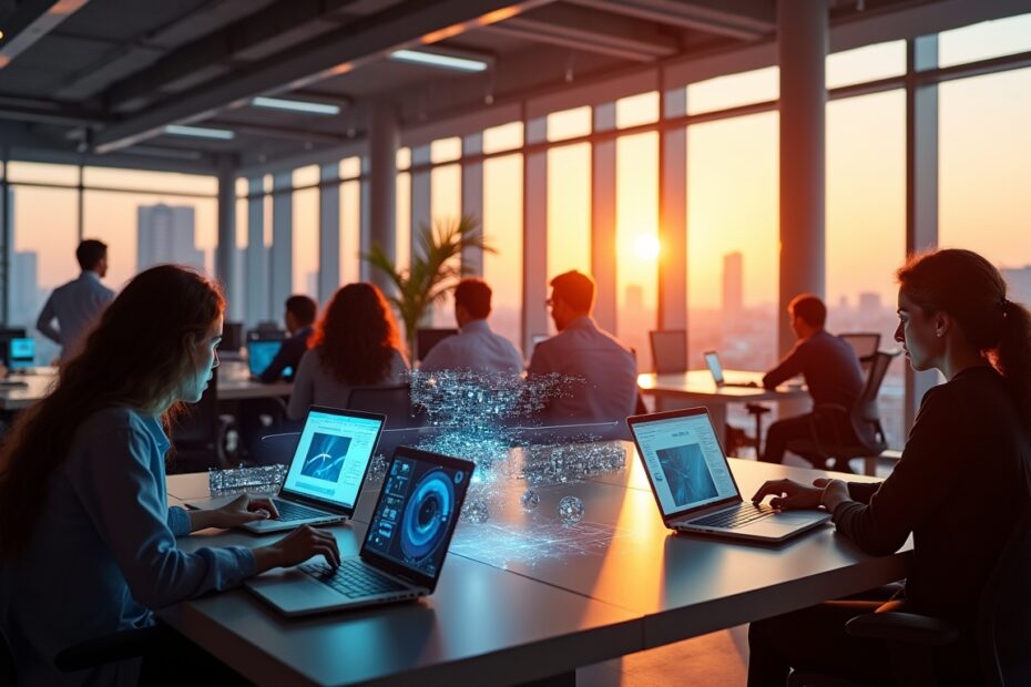 Diverse group of workers in a modern office, engaging with AI tools amidst a sunset backdrop.