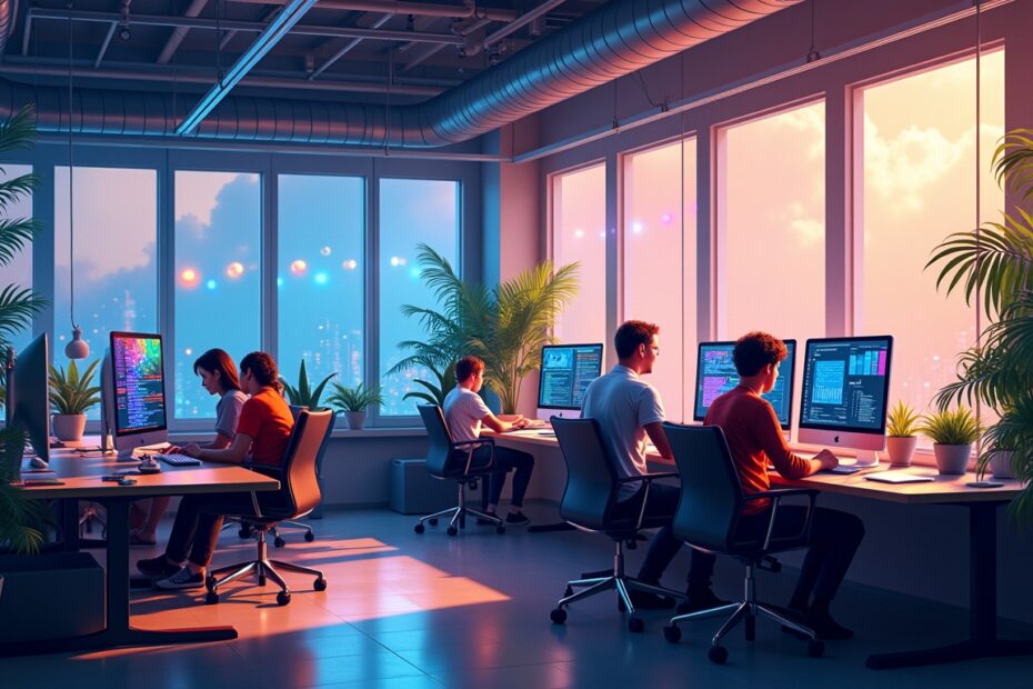 Modern digital workspace with developers collaborating, colorful screens displaying code and AI dashboards, in an impressionist style.