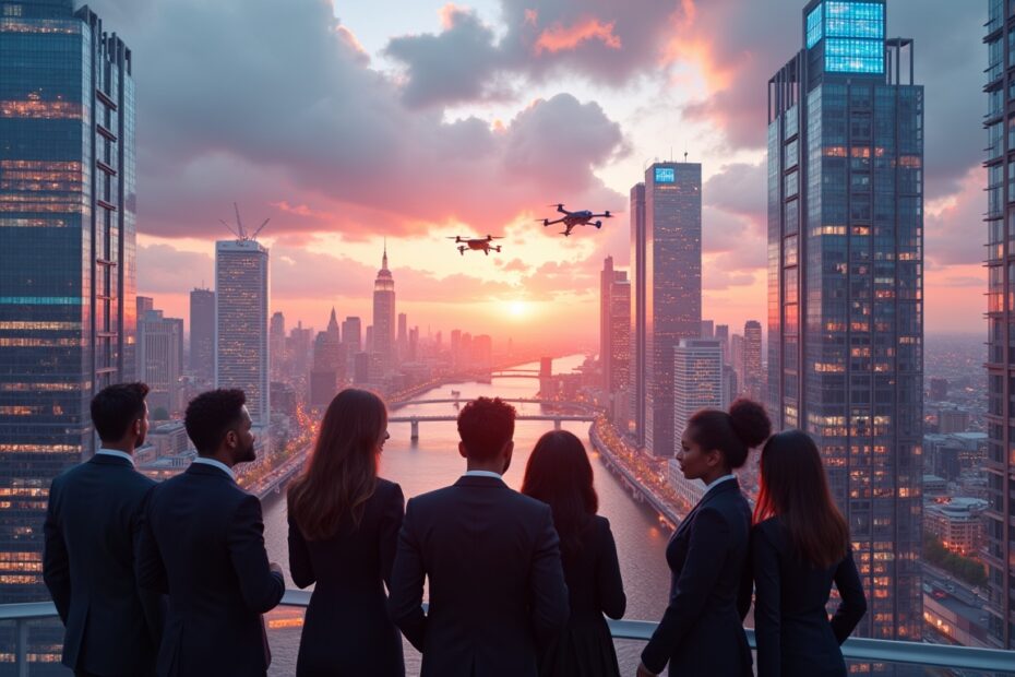Business professionals overlooking a futuristic UK cityscape with AI-driven technology.