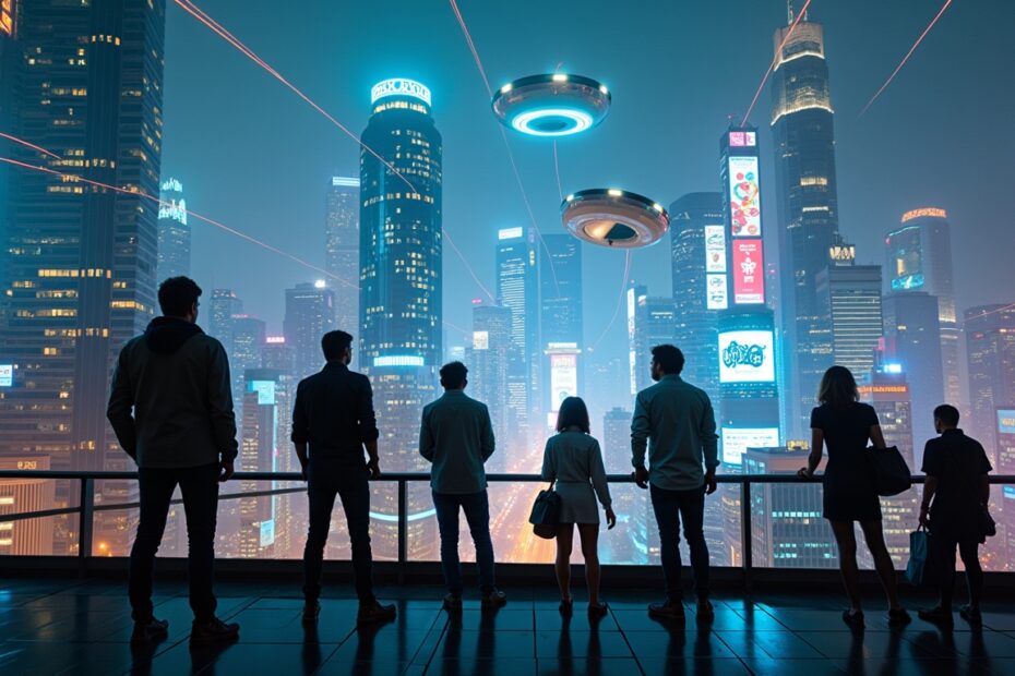 Futuristic cityscape with skyscrapers and digital innovations.