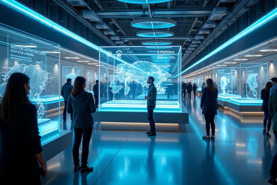 A vibrant futuristic UK marketplace showcasing AI chip technologies.