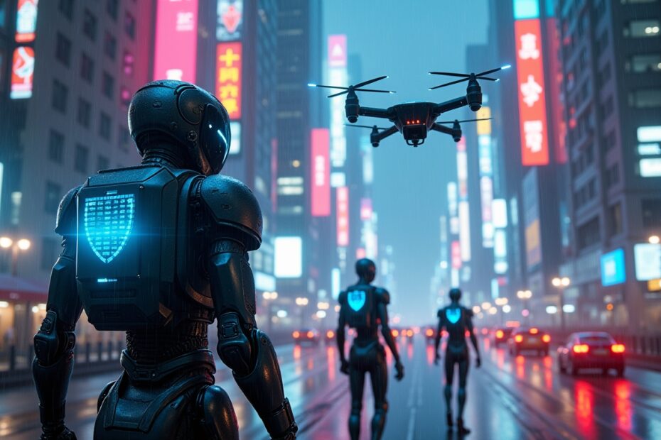 AI robots safeguarding a futuristic cyberpunk city with neon lights.