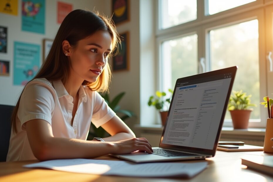 Young professional using ChatGPT for creating a job application in a bright and tidy home office.