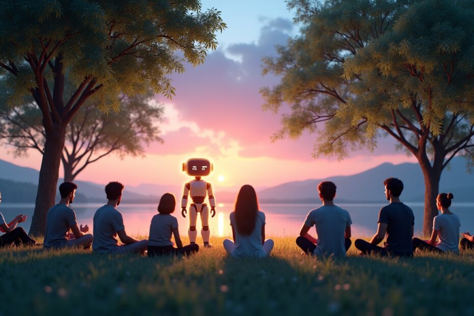 A digital landscape showcasing a friendly AI chatbot in a calming environment, interacting with diverse individuals.