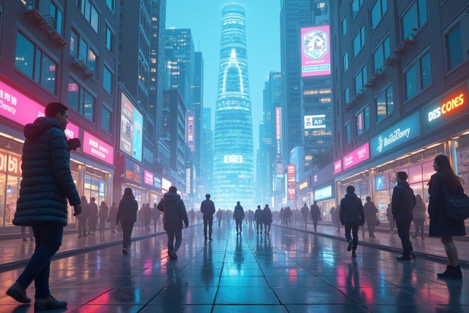 Futuristic cityscape showing the harmonious blend of AI and human collaboration in 2026.