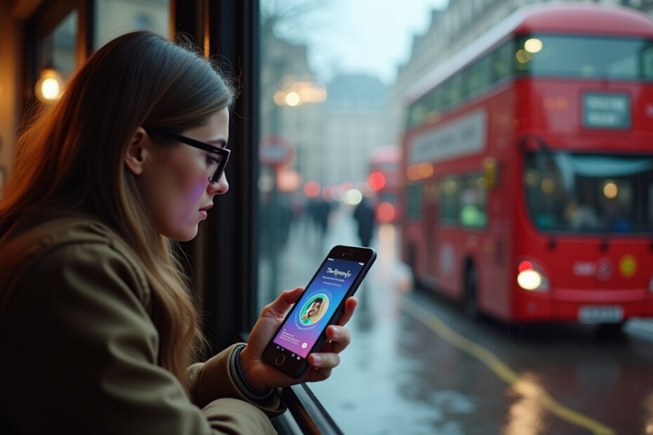 A young woman using an AI therapy app in a London cafe.