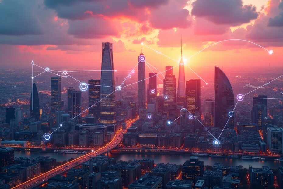 Vibrant London skyline showing AI elements merged with cityscape.