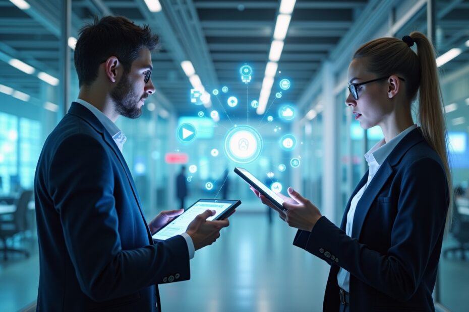 Futuristic office with AI-driven project management tools.