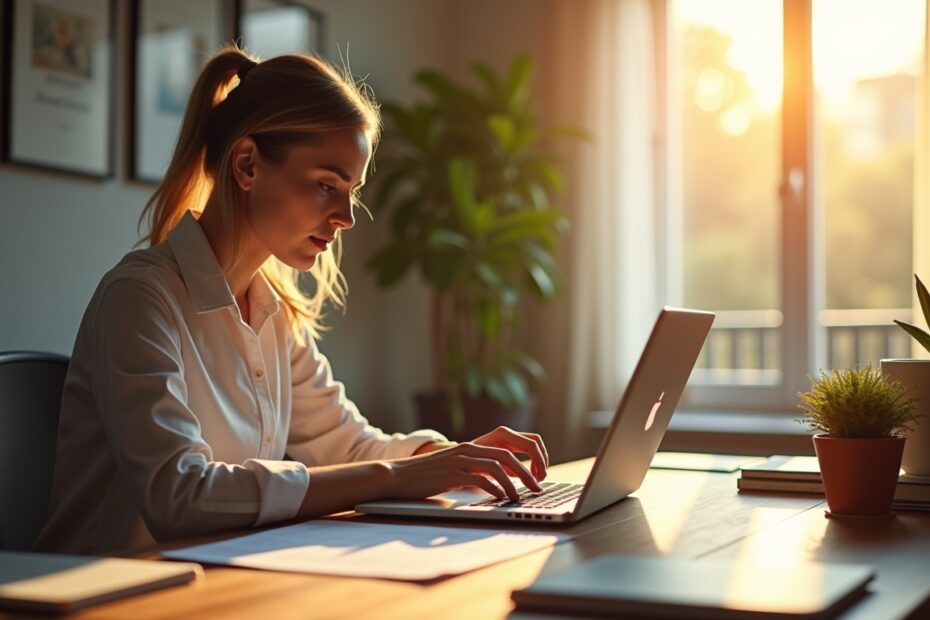 Person writing a job application on a laptop, sitting at a desk with sunlight streaming through a window.