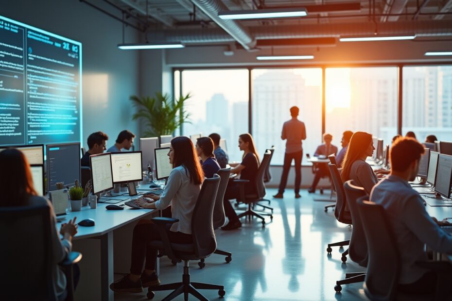 Futuristic office with advanced AI technology and diverse employees.