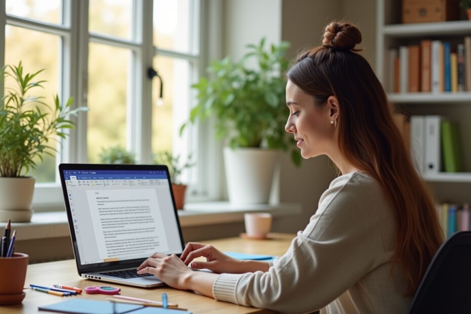 A person crafting a cover letter on a laptop with Microsoft Copilot in a sunlit home office.