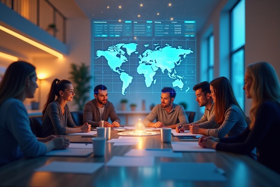 A family engaged with interactive, holographic financial charts, symbolising the future of AI financial planning.