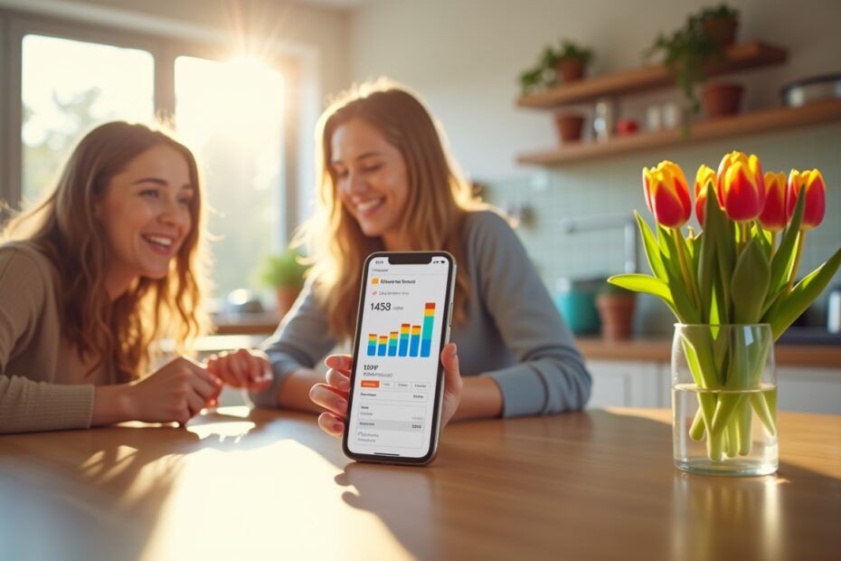 Family using a budgeting app in a modern UK kitchen setting.