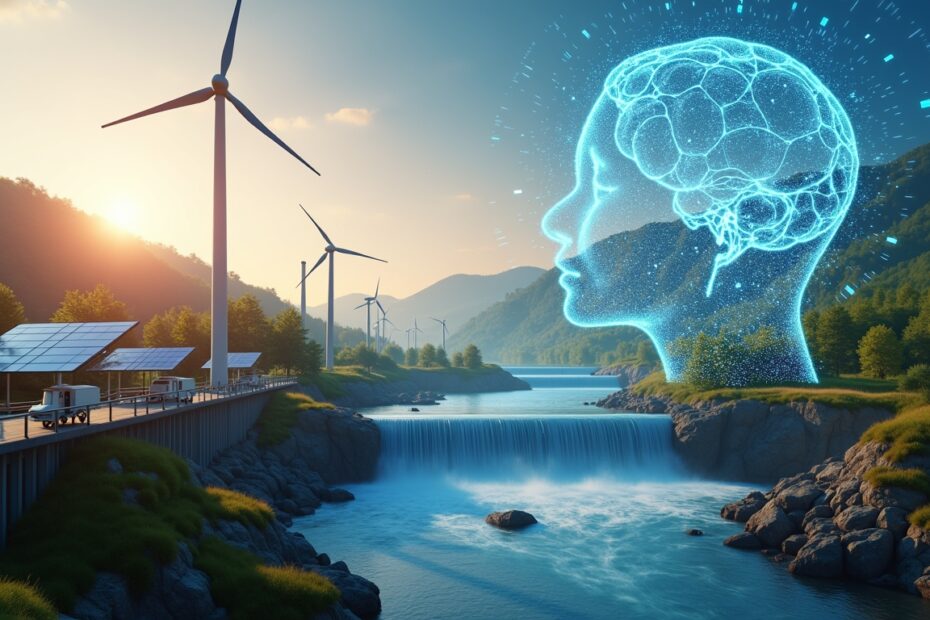 A futuristic tableau of an AI model processing energy data with diverse energy sources.