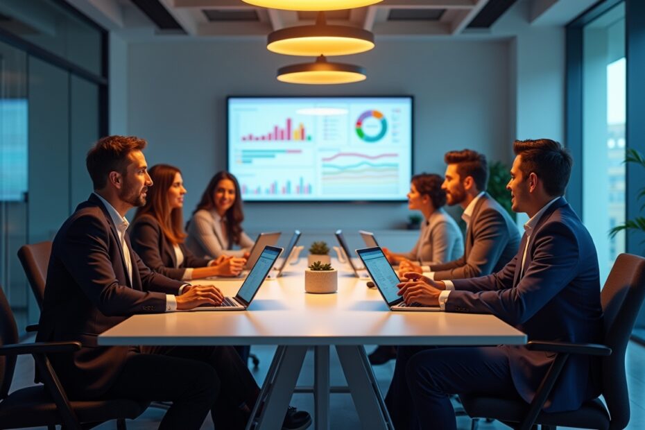 Business professionals using AI tools for collaborative project discussions.