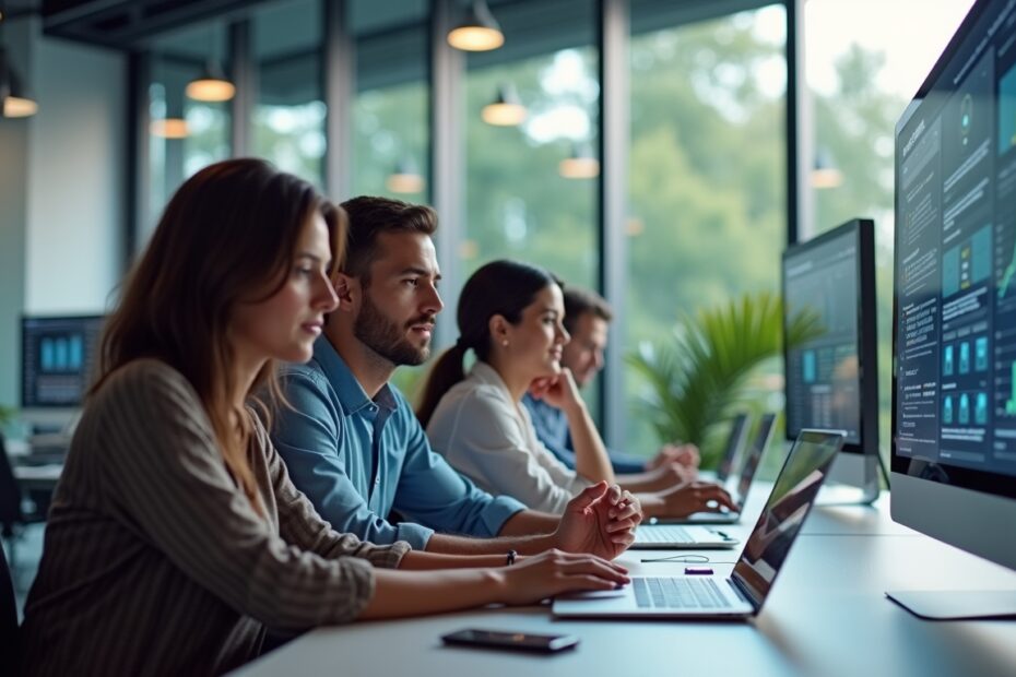 A diverse team working together in a modern, high-tech office using AI-powered workflow systems.