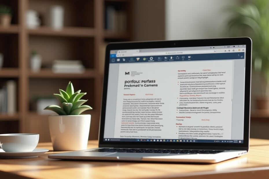 A modern home office setup with a laptop displaying a CV document edited using AI tools.