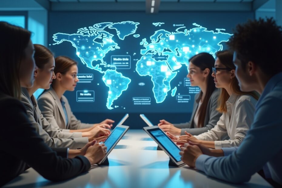 Diverse group engaging with technology in a virtual career workshop, using holographic applications.