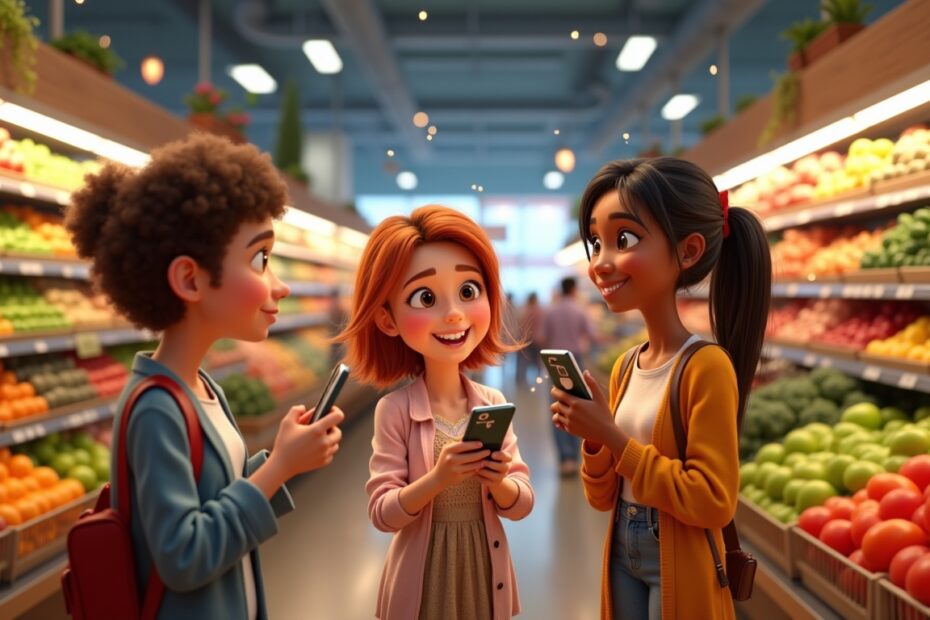 Animated characters in a grocery store using smartphones to check real-time deals.