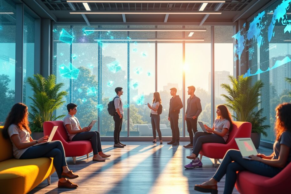 A futuristic office with tourists using AI tools for travel planning