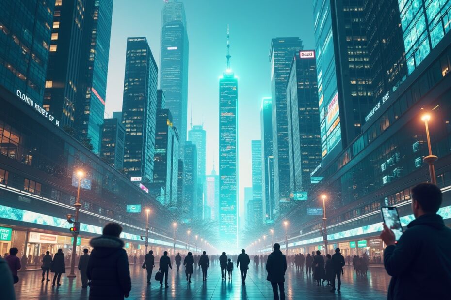 A vibrant futuristic cityscape showcasing AI-driven mortgage industry.