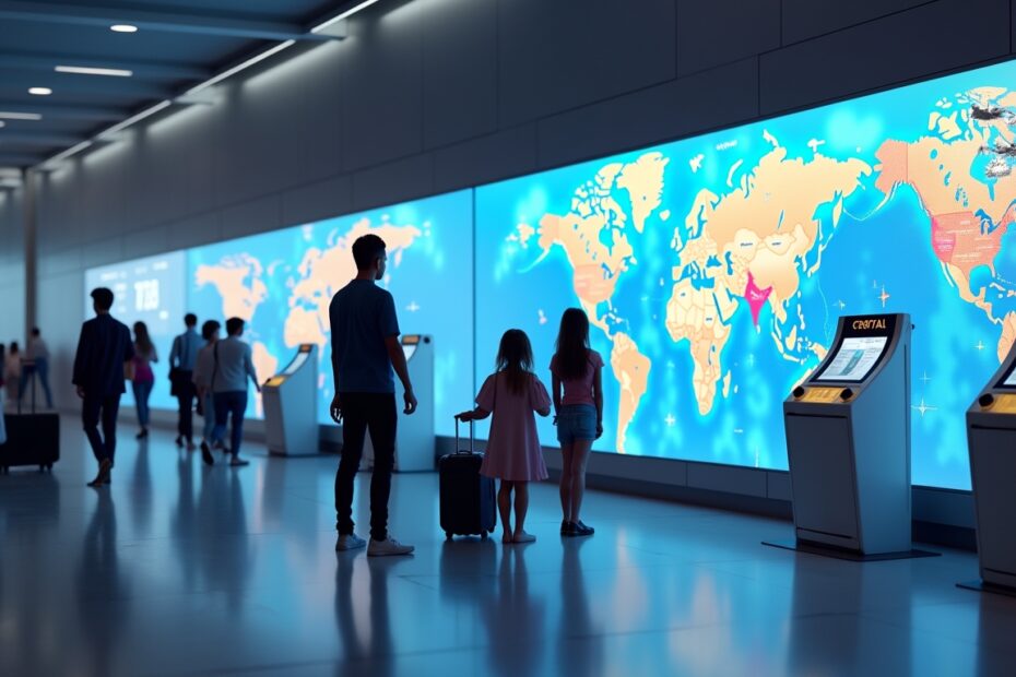Travellers at a modern airport exploring AI-generated travel deal displays with digital kiosks and interactive maps.
