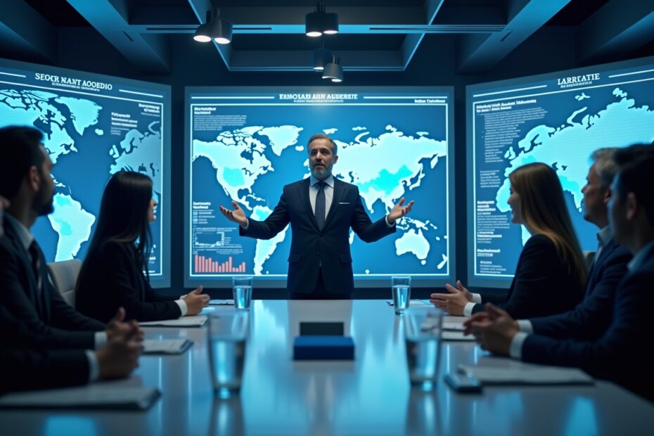 Executives in a futuristic boardroom discussing AI models with digital displays.