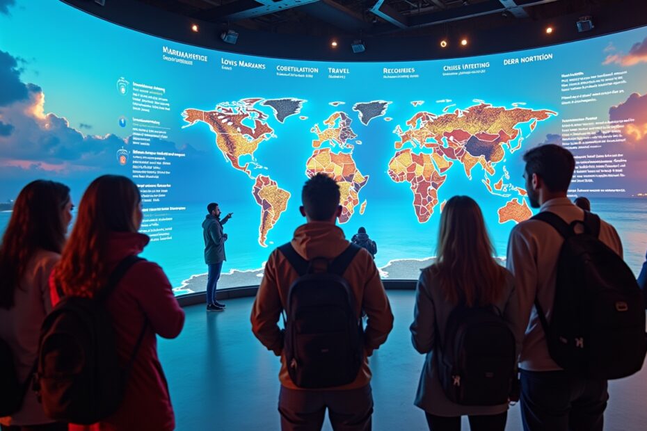 Diverse group using AI interface for holiday planning.