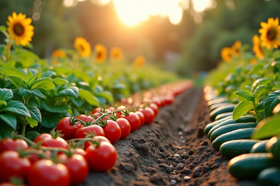 A vibrant vegetable garden planned with ChatGPT, showcasing colourful plants and digital assistance.