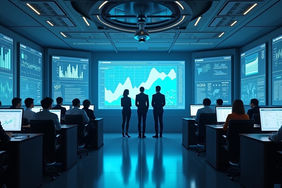 Diverse engineers analysing energy data in a futuristic control room.
