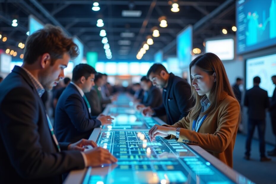 A bustling financial technology expo with diverse individuals engaging with AI-powered budgeting tools.