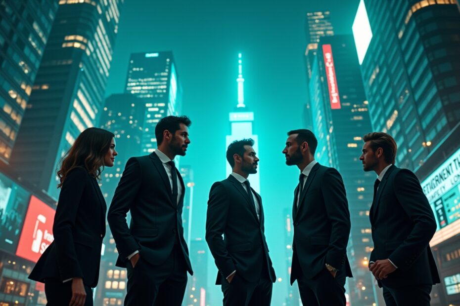 Futuristic financial district scene with diverse professionals planning retirement.